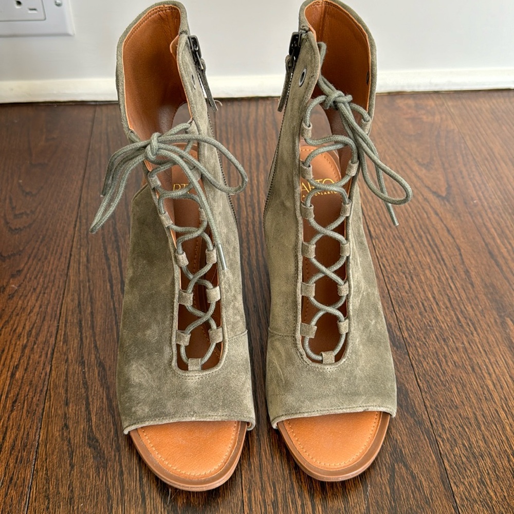 Hunter green lace up peep toe booties